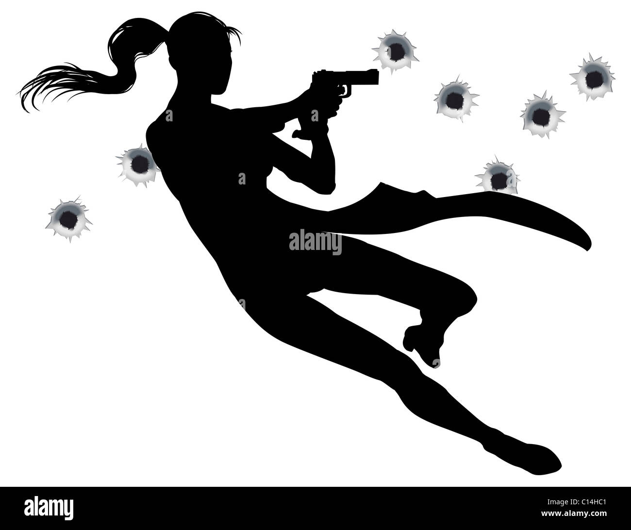 Female heroin leaping through the air in film style gunfight action sequence. Stock Photo