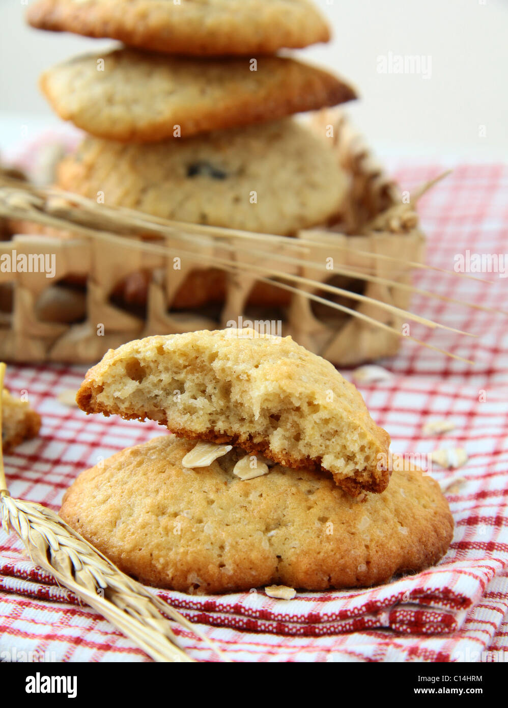 Fresh baked stack of warm oatmeal cookies Stock Photo