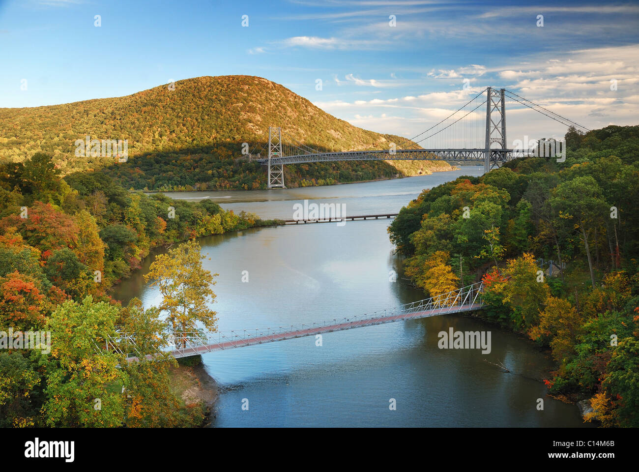 Hudson River valley in Autumn with colorful mountain and Bridge over Hudson River. Stock Photo
