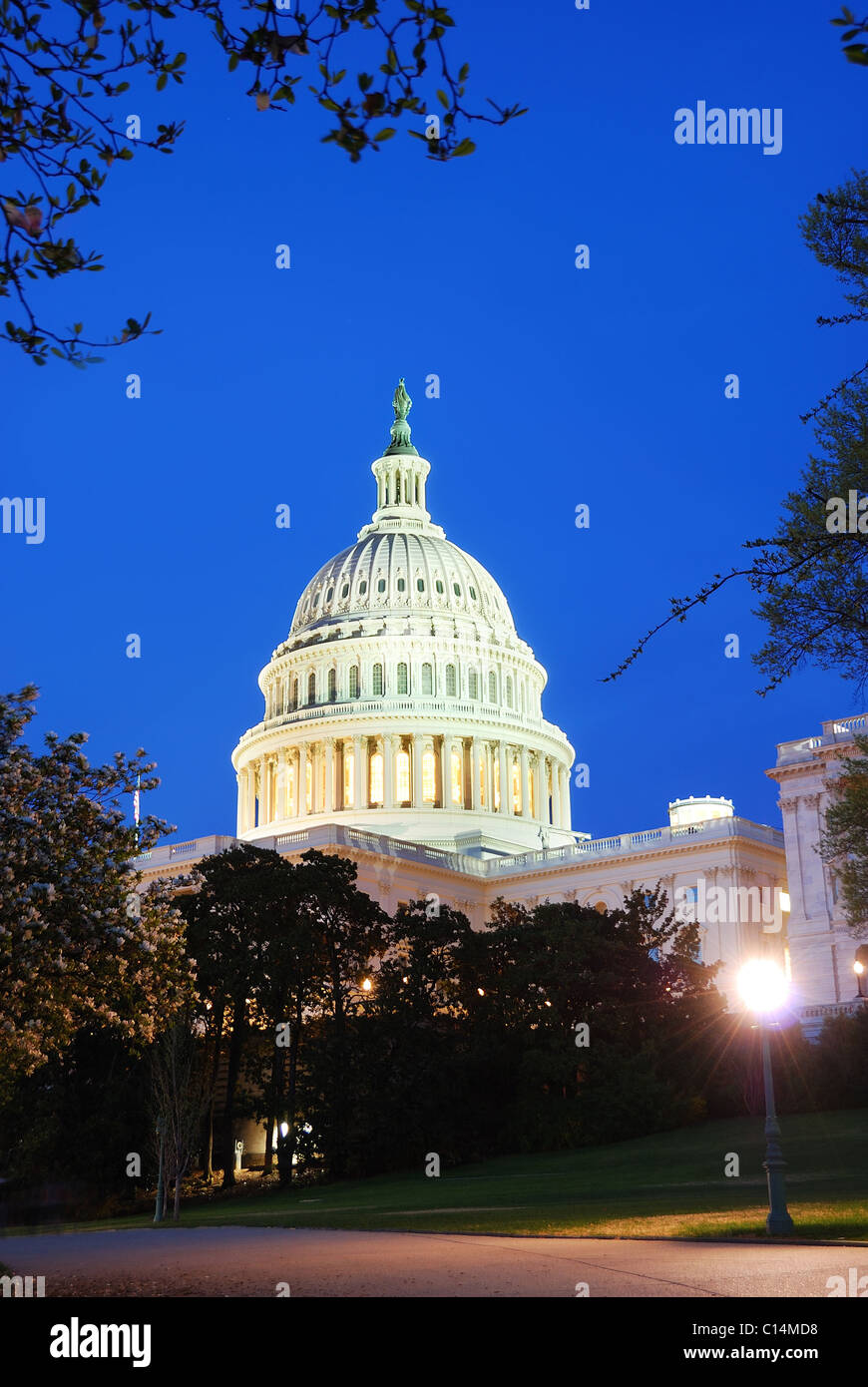 Capitol Hill Building at dusk with light and blue sky, Washington DC. Stock Photo