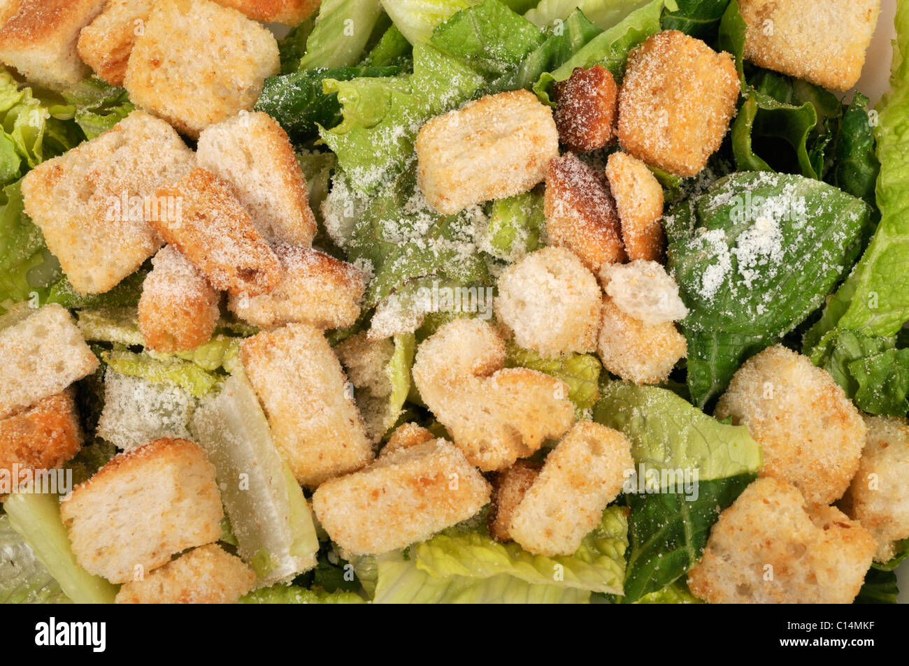 Close up detail of Caesar Salad with lettuce, cheese and croutons. Stock Photo