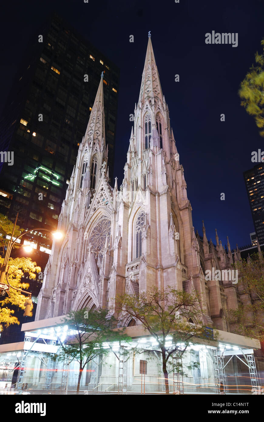 New York City Saint Patrick Cathedral on Manhattan 5th avenue at night ...