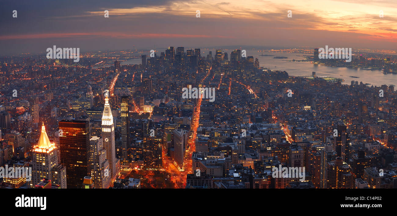 New York City Manhattan panorama aerial view with skyline at sunset ...