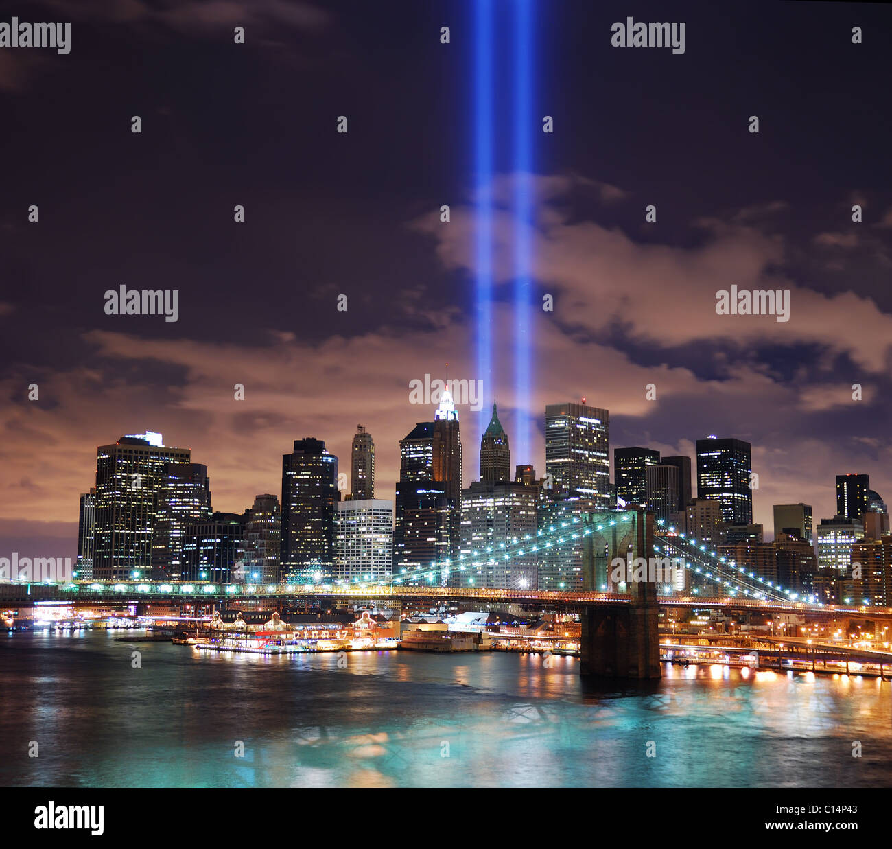 New York City night panorama with Manhattan Skyline over East River ...