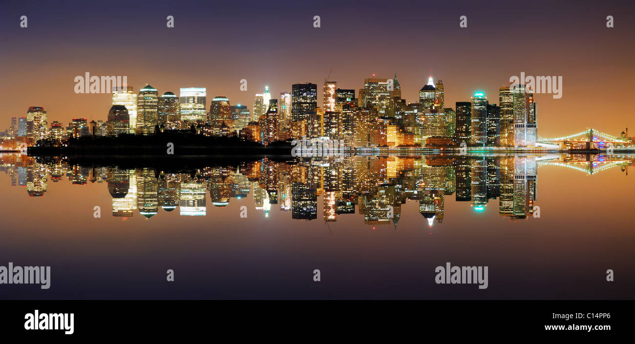 New York City Manhattan Skyline at night with reflection Stock Photo ...