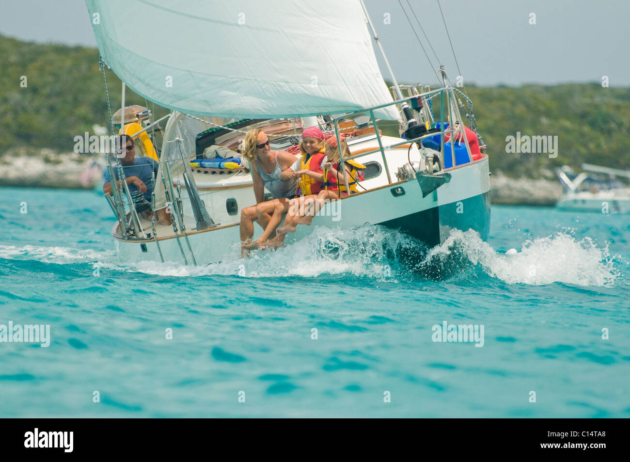 A family out for a day sail in Georgetown, Exumas Stock Photo