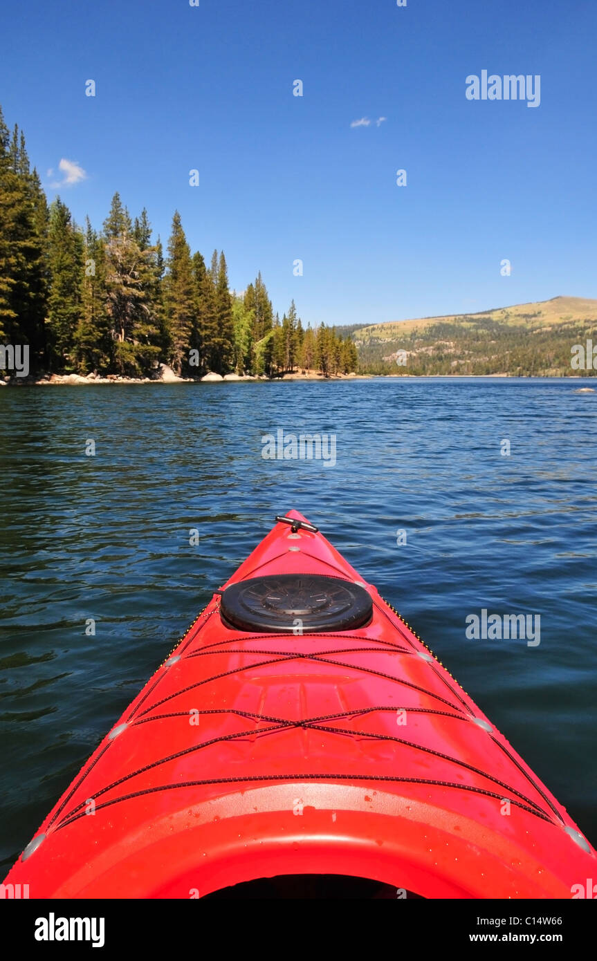 A first person view of kayaking on Caples Lake near Kirkwood, CA in the Sierra Nevada. Stock Photo
