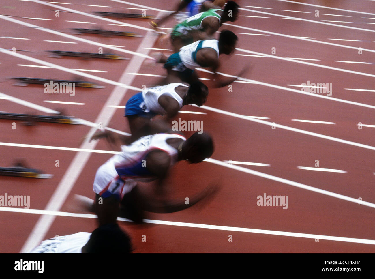 Detail of start of men's 100 meter sprint race. Stock Photo