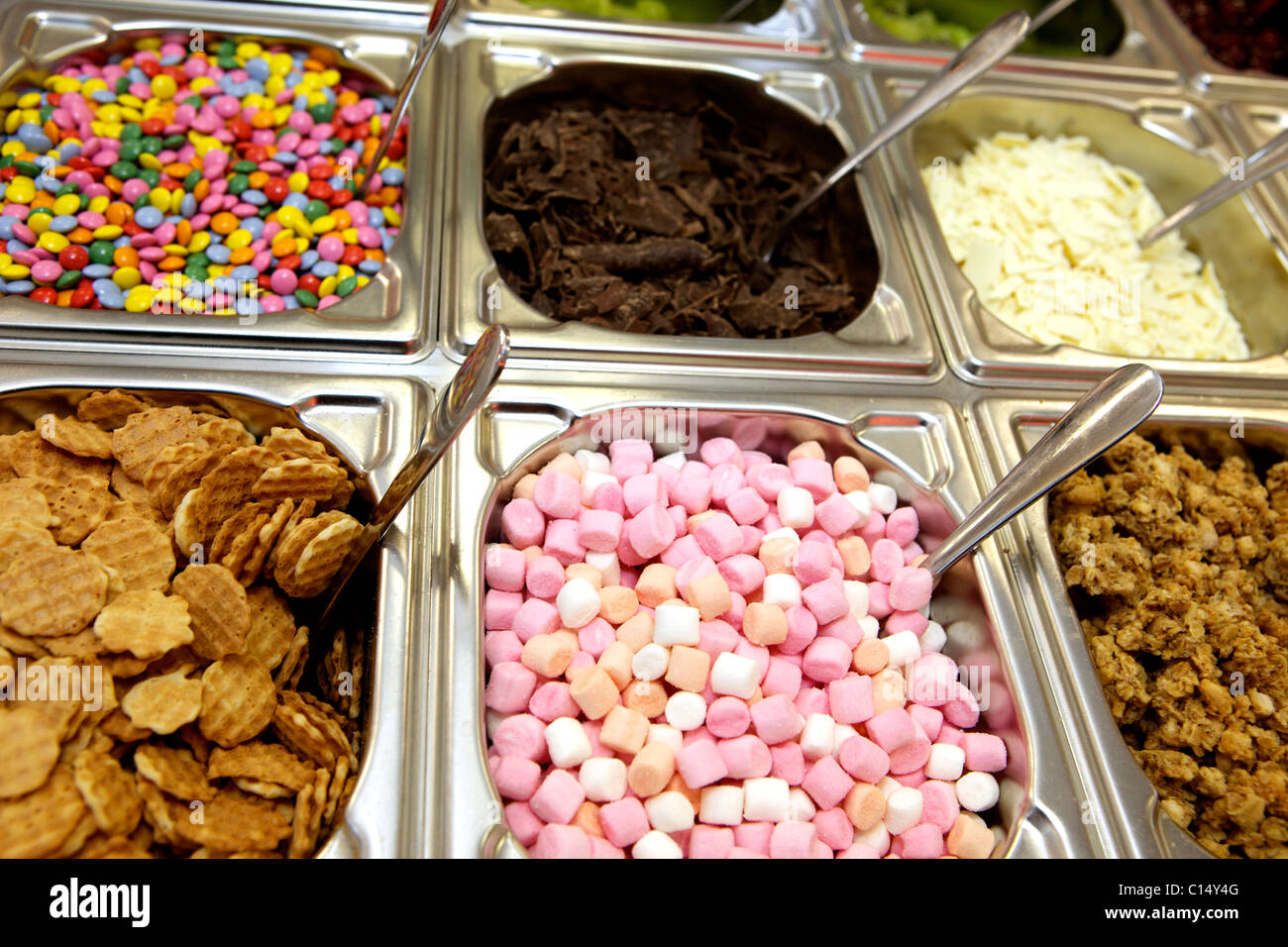 Treats and toppings counter for ice cream sundaes Stock Photo 35144496