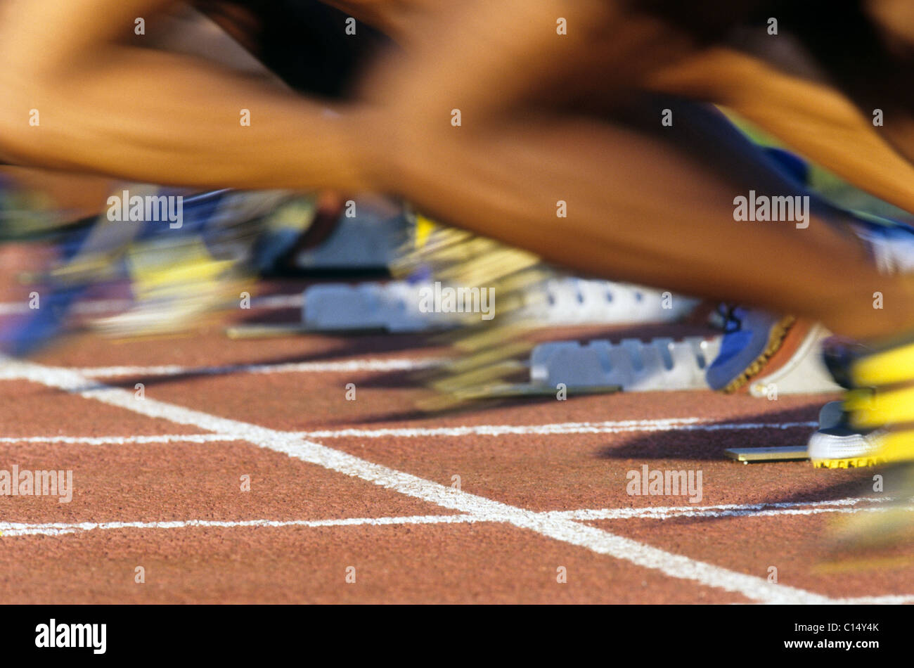 Detail of start of women's 100 meter sprint race. Stock Photo