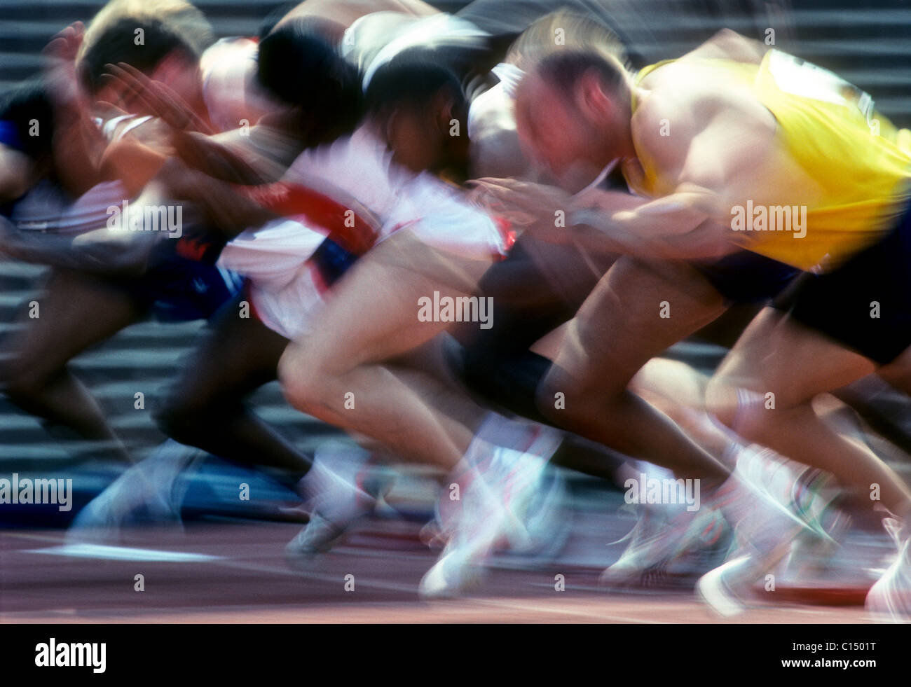 Blurred action of men's 100 meter sprint race. Stock Photo