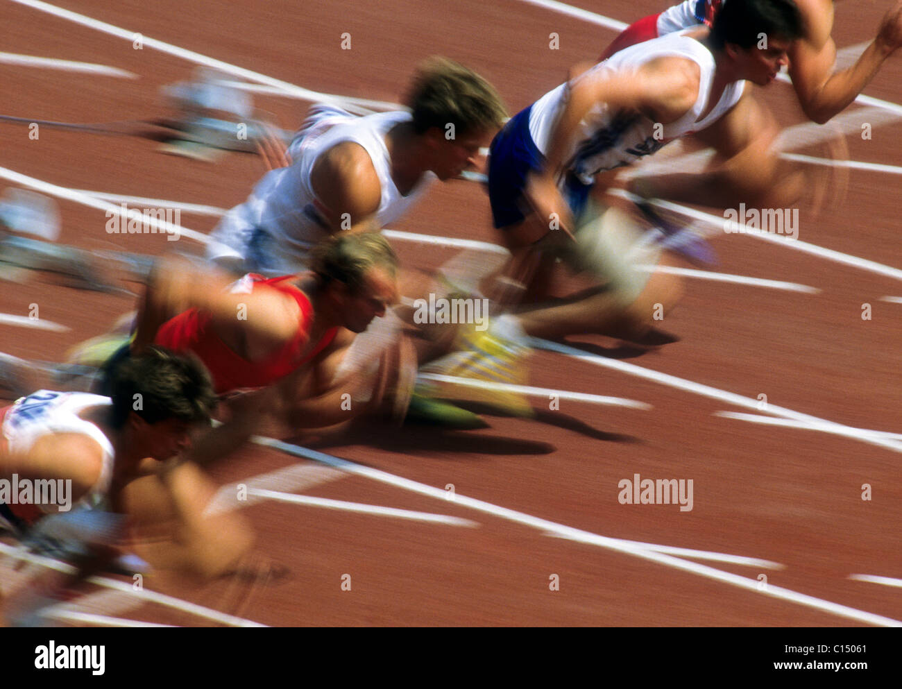 Blurred action of men's 100 meter sprint race. Stock Photo