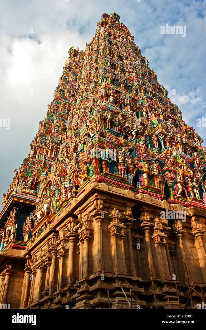 Hindu temple at Madura with hand painted hindu idols in vivid colours Stock Photo