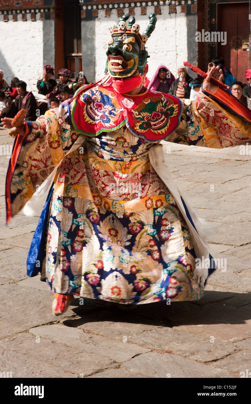 Bhutanese monks prepare to dance in a Buddhist festival in the central Bhutanese dzong of Trongsa. Stock Photo