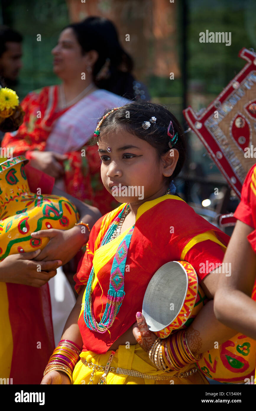 Girl dancer in Baishakhi Mela Bangla festival in London's Brick Lane. Stock Photo