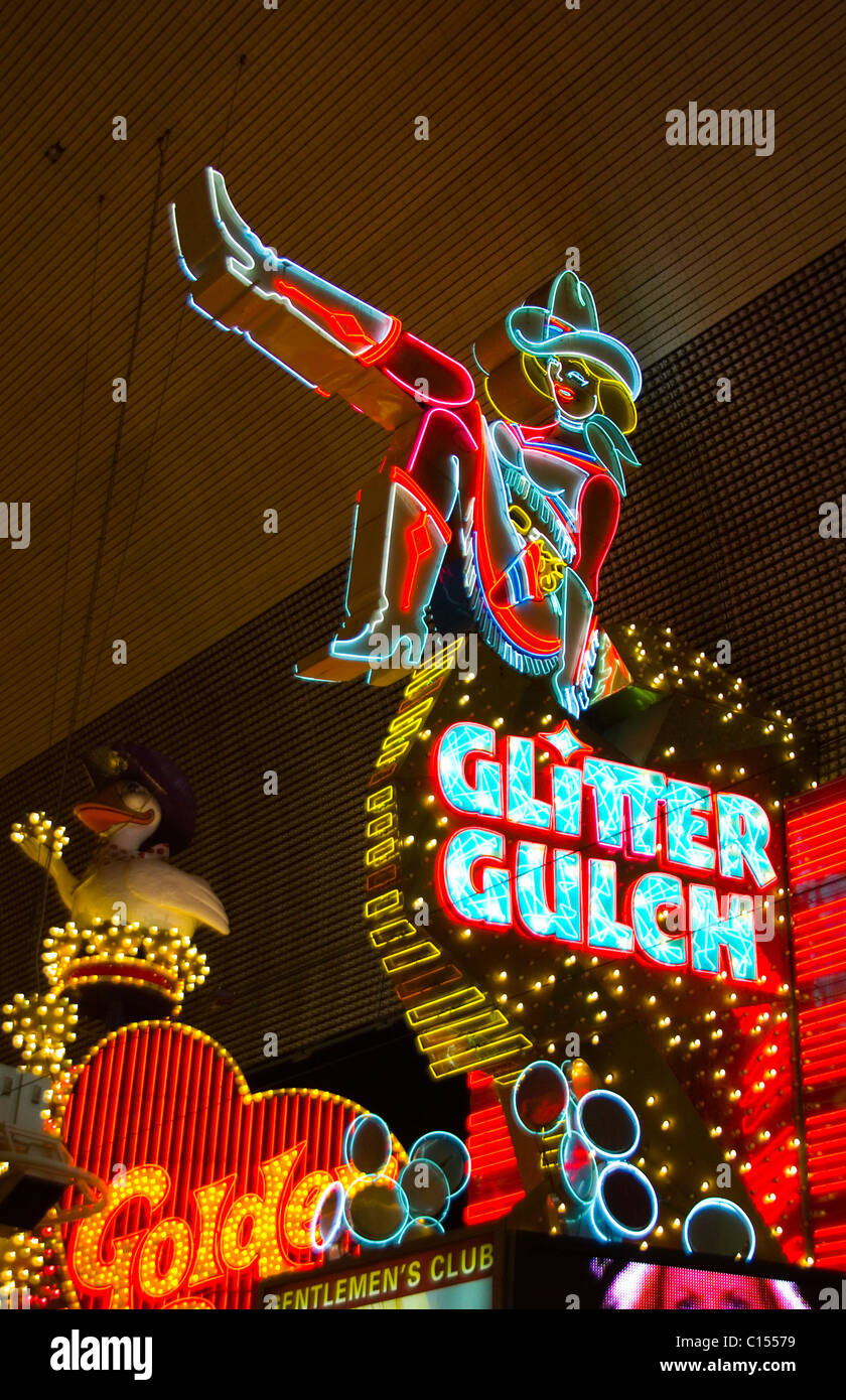 Neon Glitter Gulch Girl of Fremont Street Stock Photo