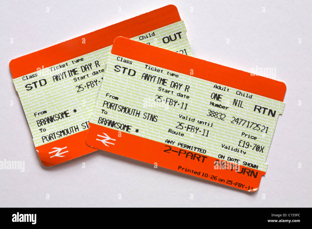 2-part return tickets between Branksome and Portsmouth stations on South West railways isolated on white background Stock Photo