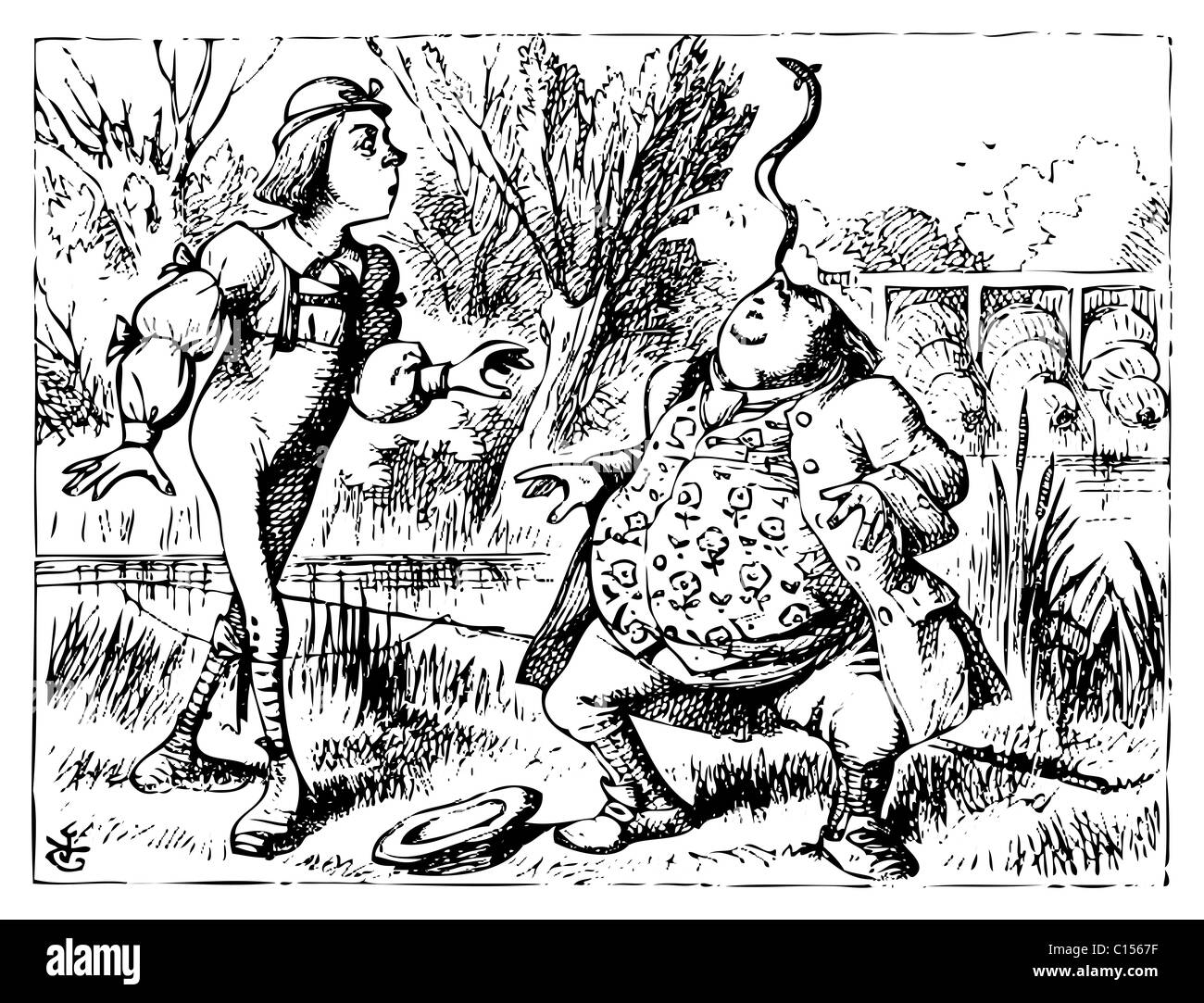 Alice in Wonderland old illustration engraving. Father William balancing eel on his nose: Alice's Adventures in Wonderland. Stock Photo