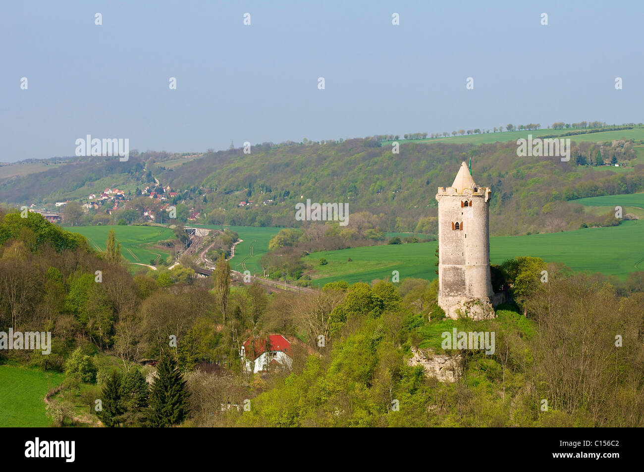 View on Burg Saaleck (ca. 1200) near Bad Kösen as seen from the Rudelsburg. Stock Photo