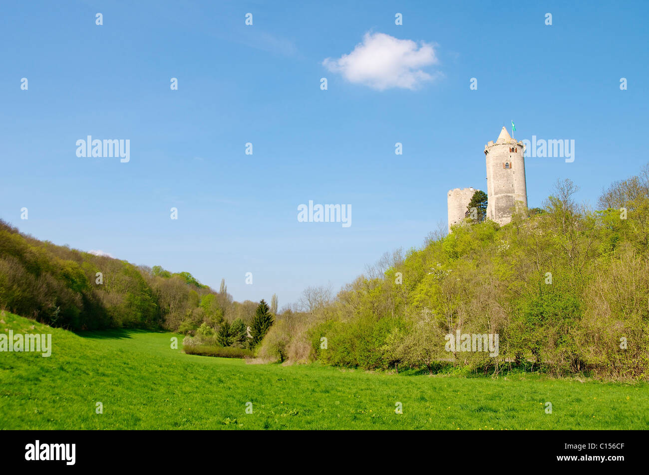 Burg Saaleck was mentioned first in 1140. The two remaining towers are 23 meters high. The ruins are a popular place to visit. Stock Photo