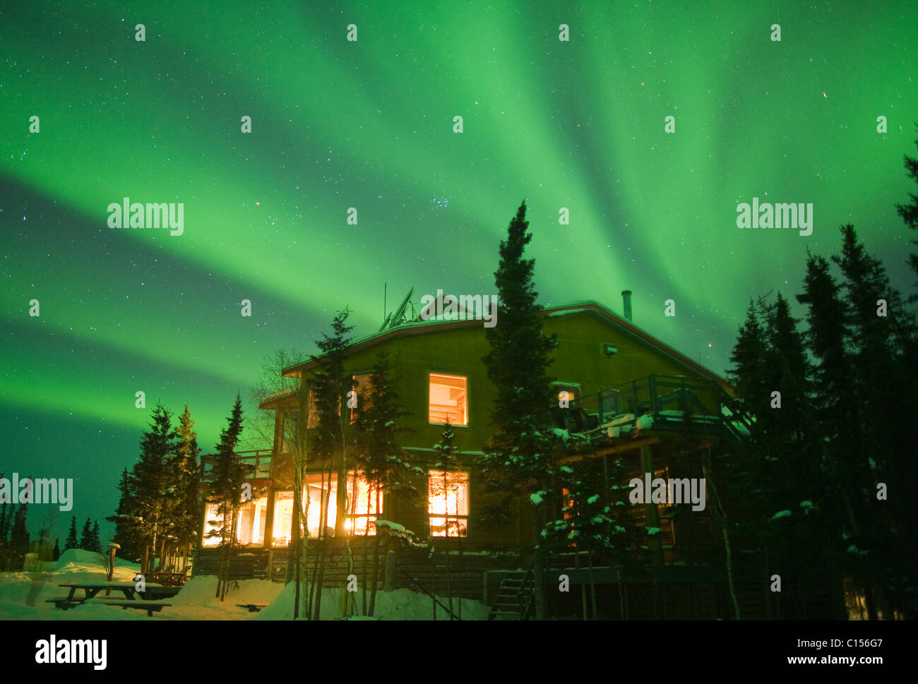 Blachford Lake Lodge and Aurora Borealis or Northern Lights, Northwest Territories, CANADA Stock Photo