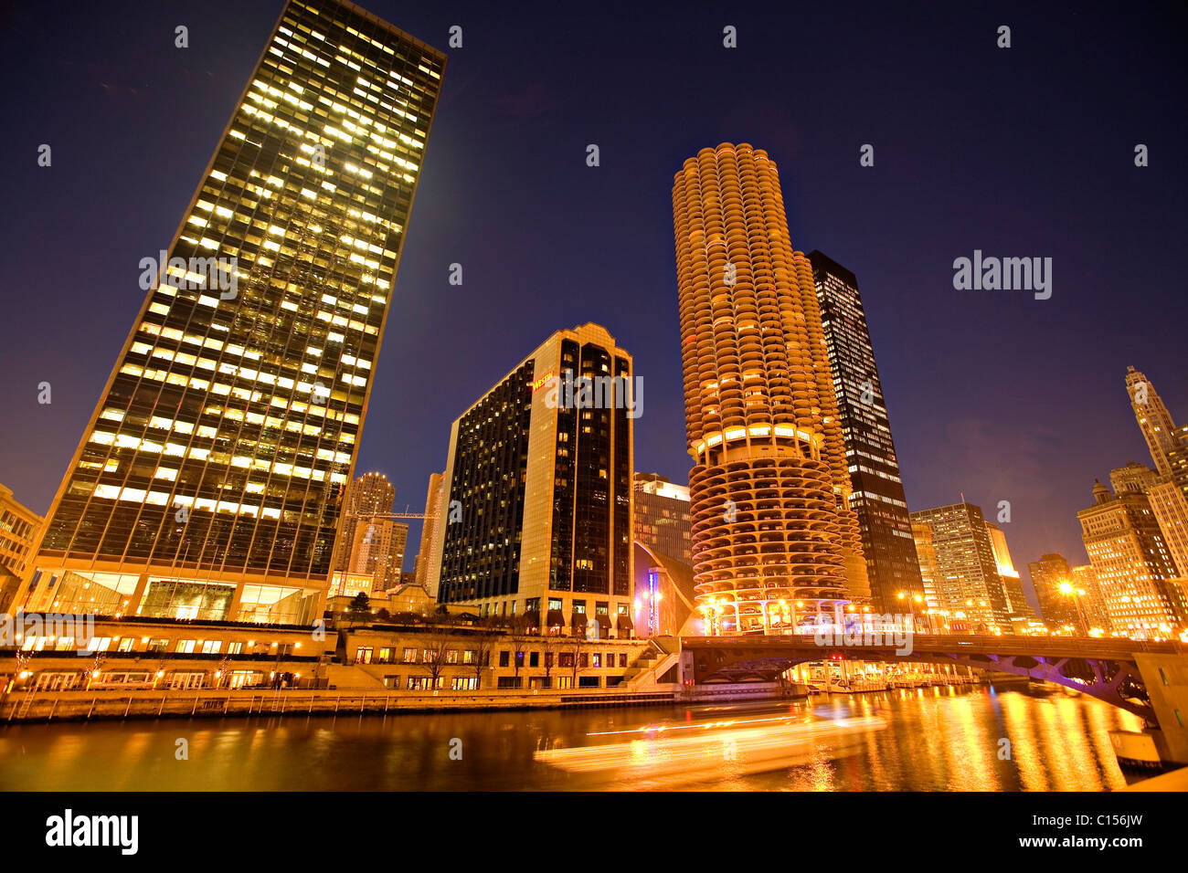 Skyscrapers along Chicago River at night Stock Photo - Alamy