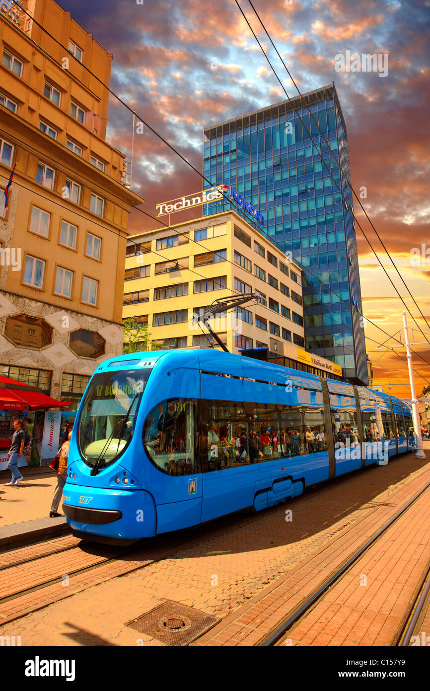 Modern tram in the Square of Ban Josip Jelačić, Zagreb, Croatia Stock Photo