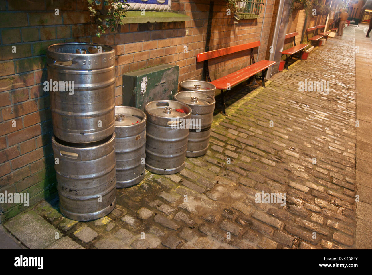 Beer Kegs And Cobbles. Stock Photo