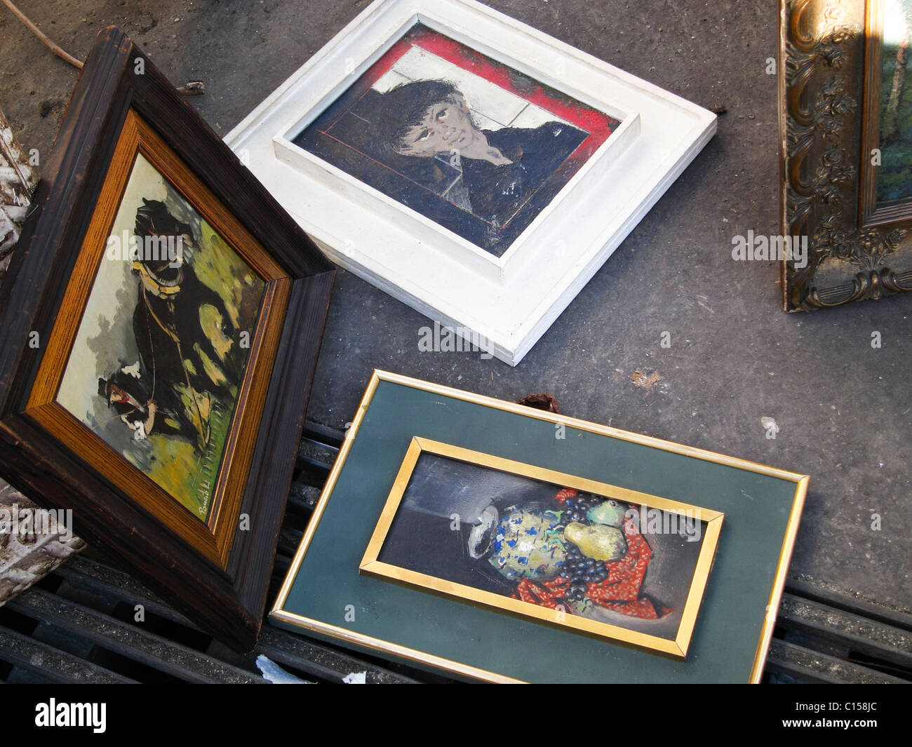 Paris, France,  Shopping in French Flea Market, Detail, Old Picture Frames on Display on Street, Brocante vintage Stock Photo