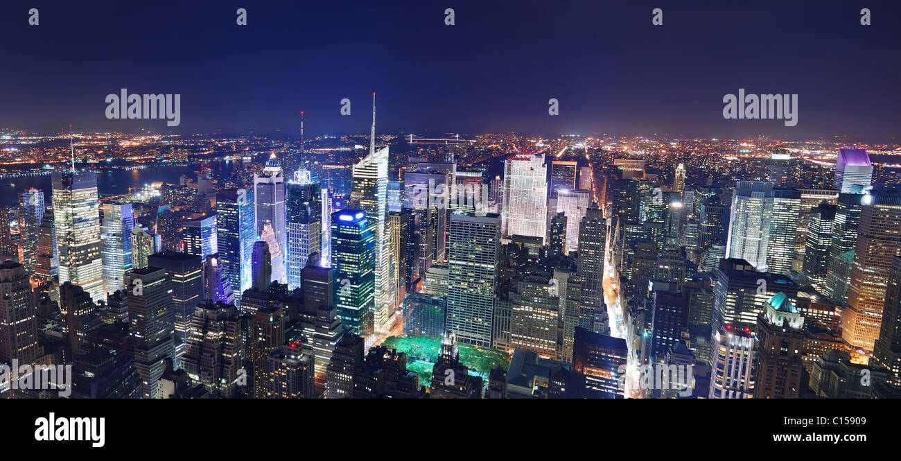 New York City Manhattan Times Square aerial view at night with skyline and skyscrapers. Stock Photo