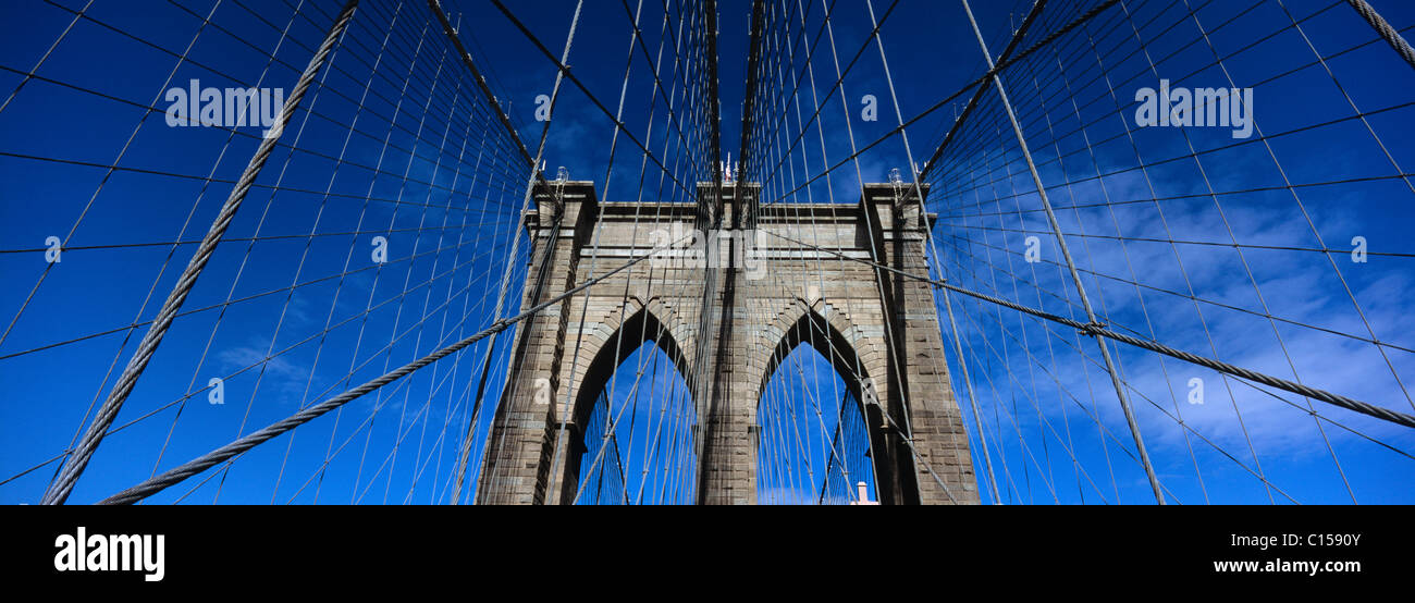 Supporting tower of Brooklyn Bridge, low angle view Stock Photo