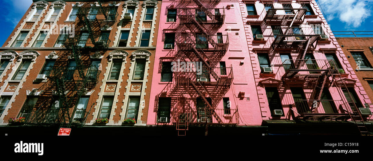 Fire escapes on exterior of buildings in Soho Stock Photo