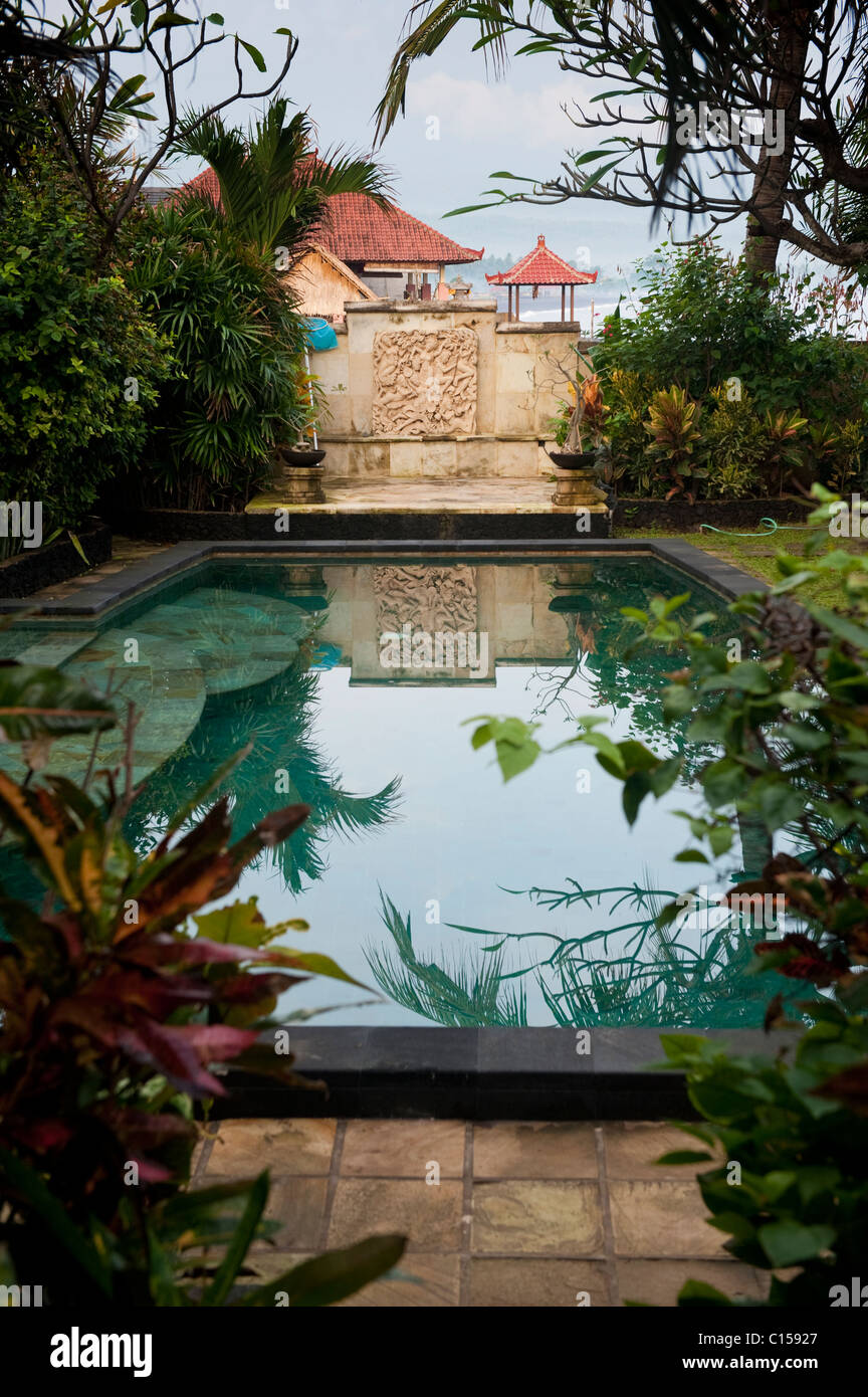 A Luxurious Villa Swimming Pool Surrounded By A Tropical Garden In The