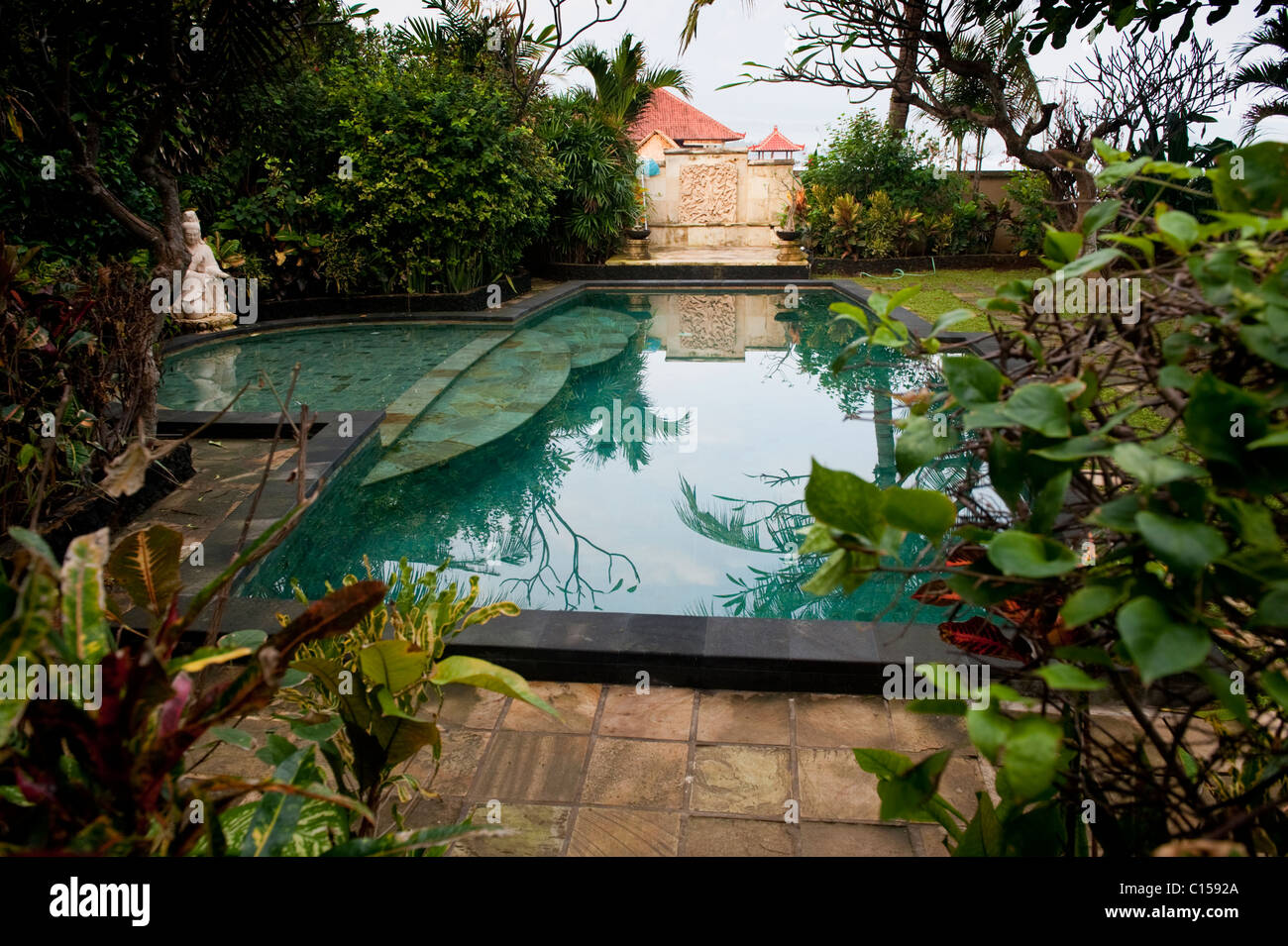 A Luxurious Villa Swimming Pool Surrounded By A Tropical Garden In The