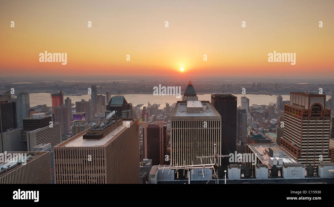 New York City Manhattan sunset panorama aerial view with skyline and ...
