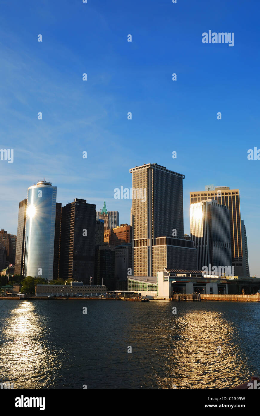 New York City Manhattan skyline at dusk over Hudson River with ...