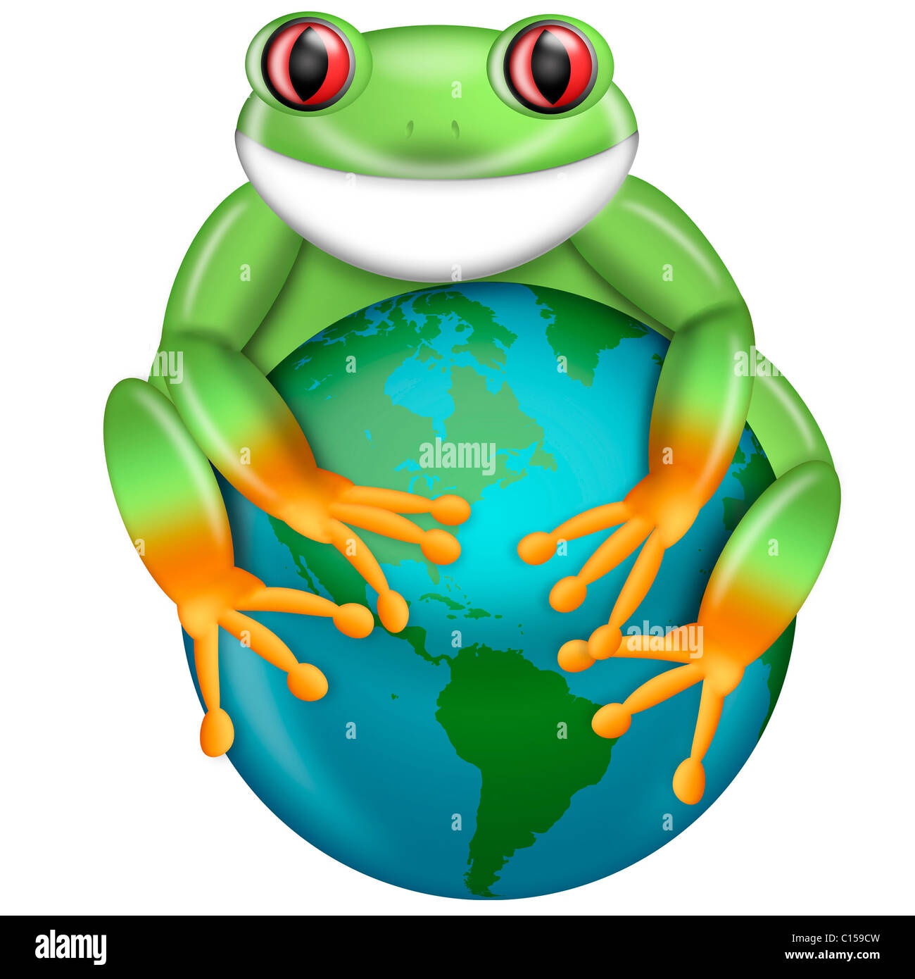 Red-Eyed Green Tree Frog Hugging Planet Earth Globe Illustration Stock Photo