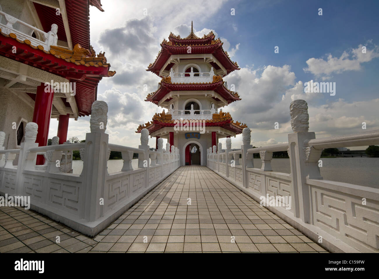 Bridge to Pagoda at Singapore Chinese Garden on the Lake Stock Photo