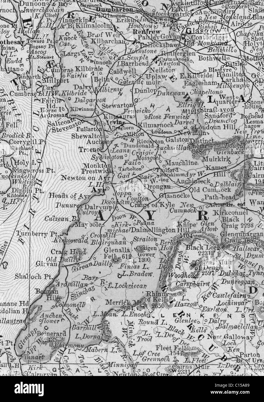 Old map of Ayr County from original geography textbook, 1884 Stock Photo