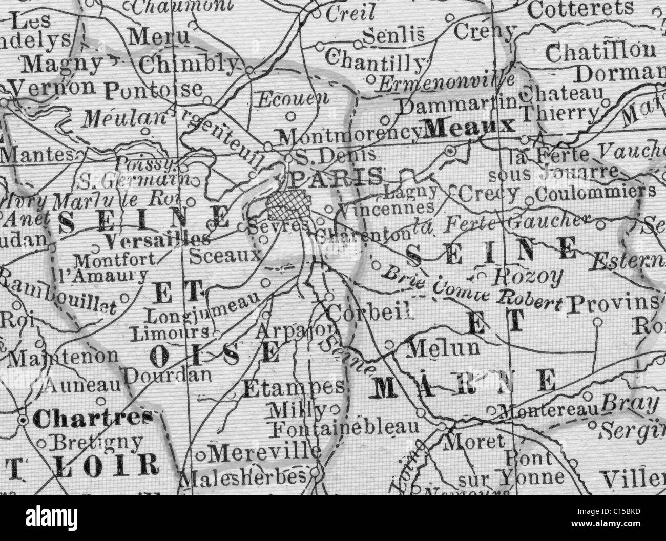 Old map of Paris region from original geography textbook, 1884 Stock Photo