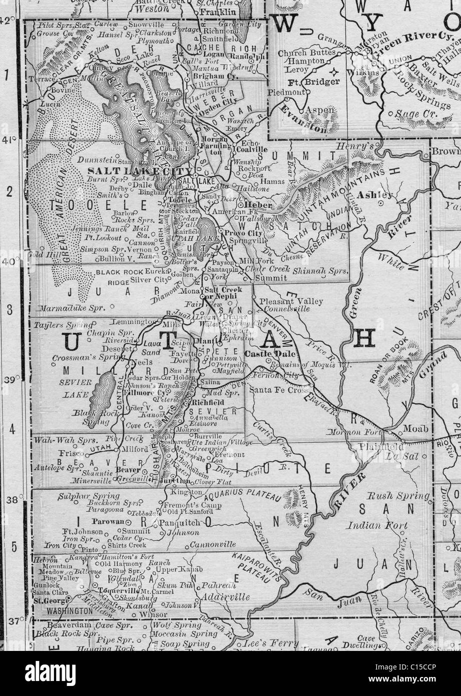 Old map of Utah from original geography textbook, 1884 Stock Photo