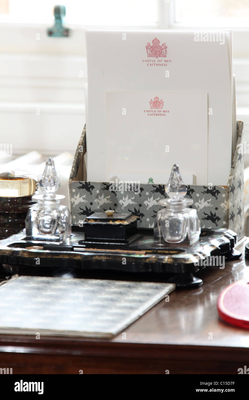 Village of Mey, Scotland. Close up view of the equerry’s office writing desk within the Castle of Mey. Stock Photo