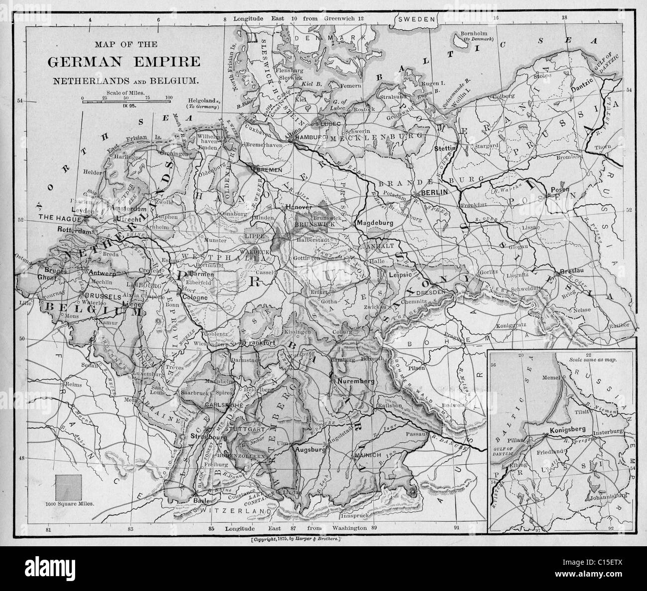 Old map of German Empire from original geography textbook, 1865 Stock Photo
