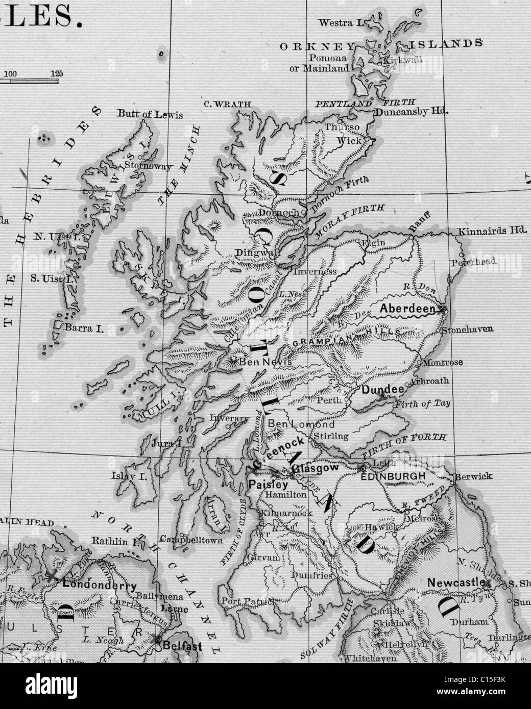 Old map of Scotland from original geography textbook, 1865 Stock Photo