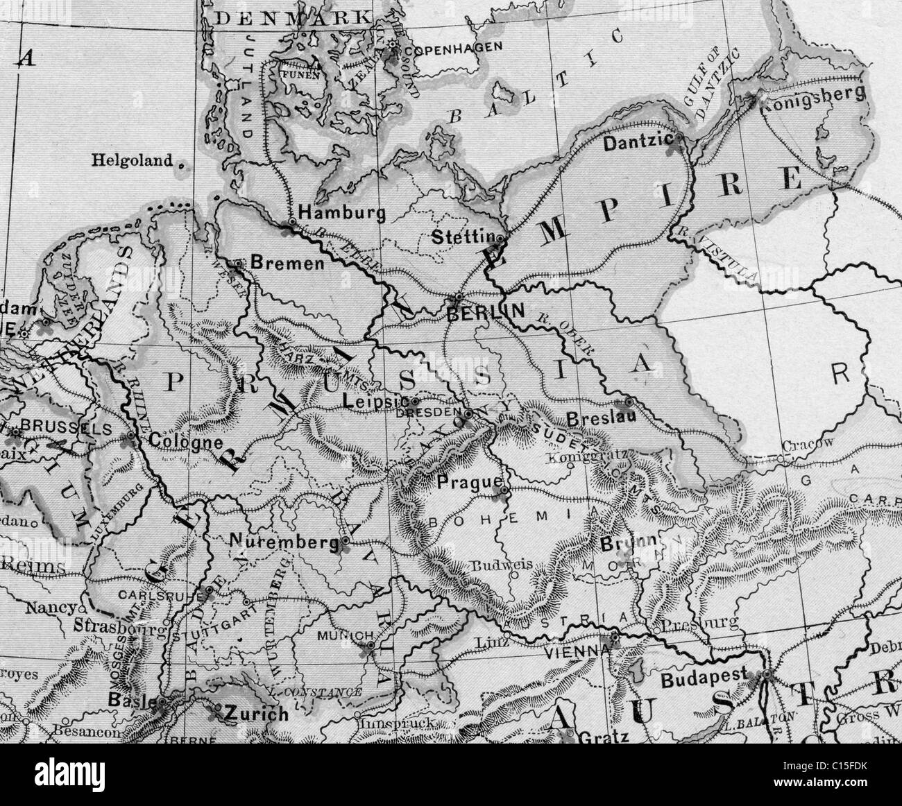 Old map of German Empire from original geography textbook, 1884 Stock Photo