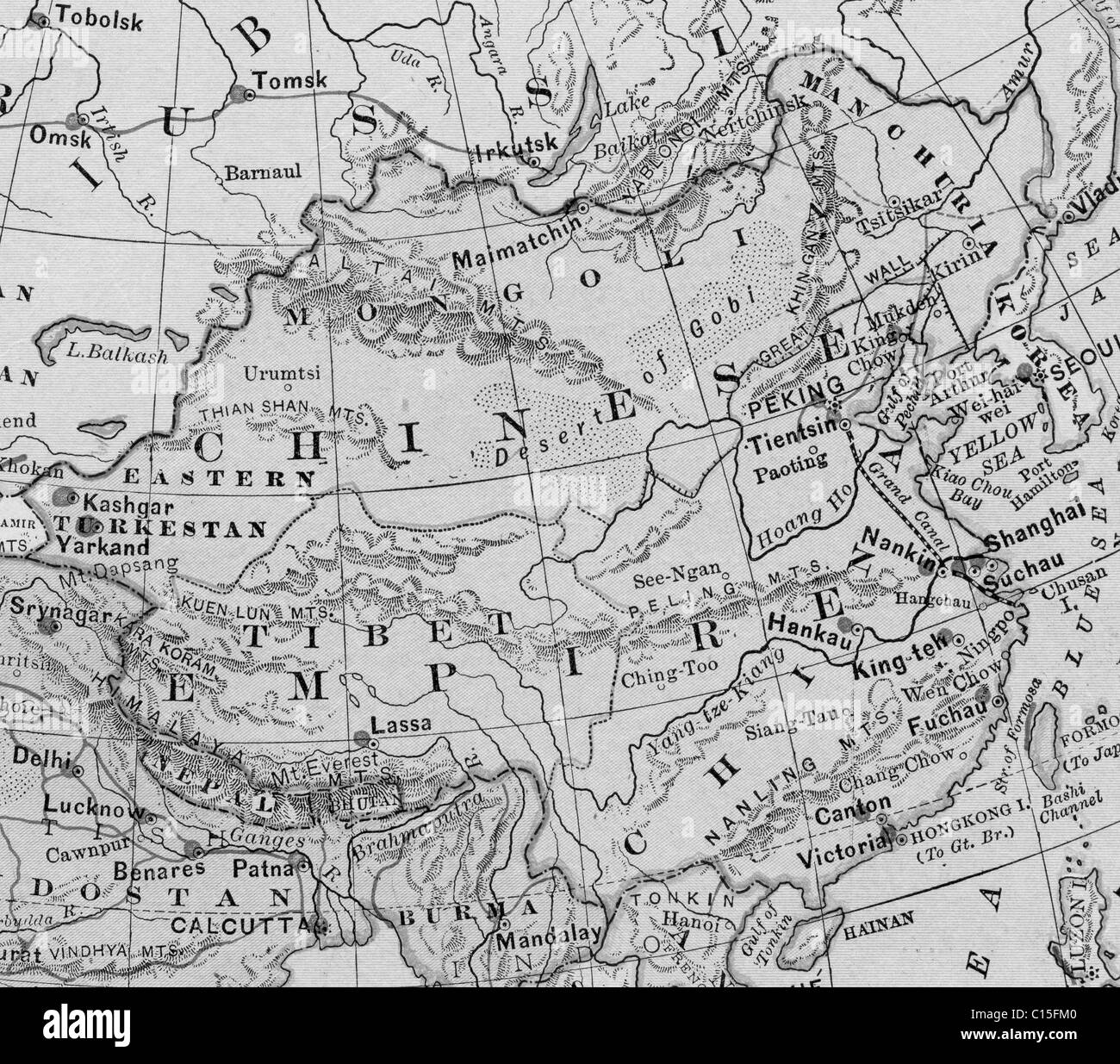 Old map of Chinese Empire from original geography textbook, 1884 Stock Photo
