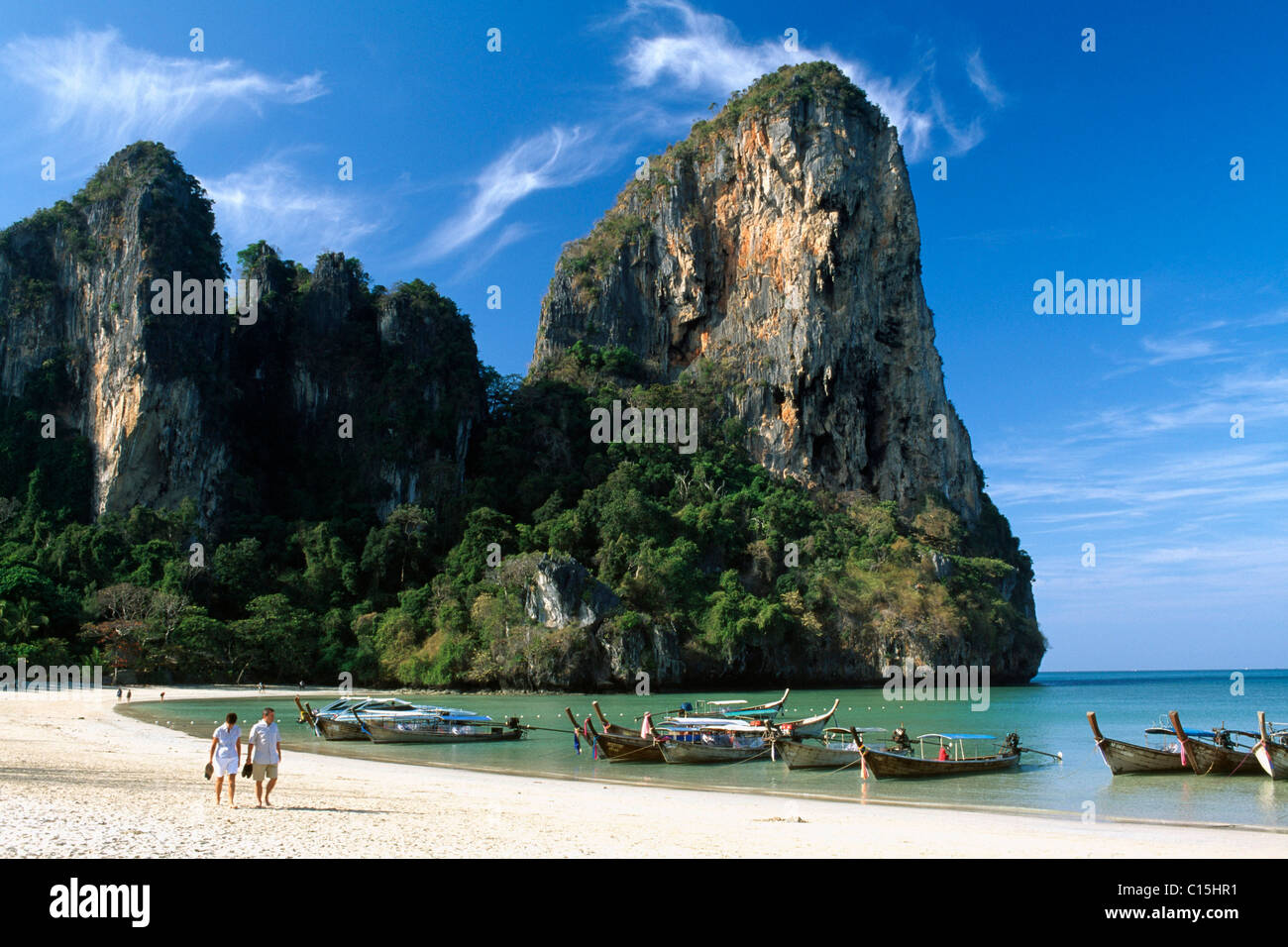 Long-tail boats on Raih Leh West Beach, Krabi, Thailand, Southeast Asia Stock Photo