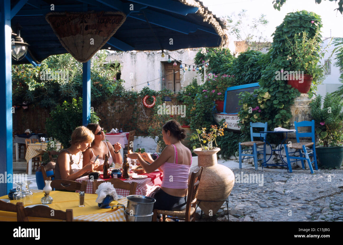 Terrace restaurant, tavern, Kos, Kos Island, Dodecanese Islands, Greece, Europe Stock Photo