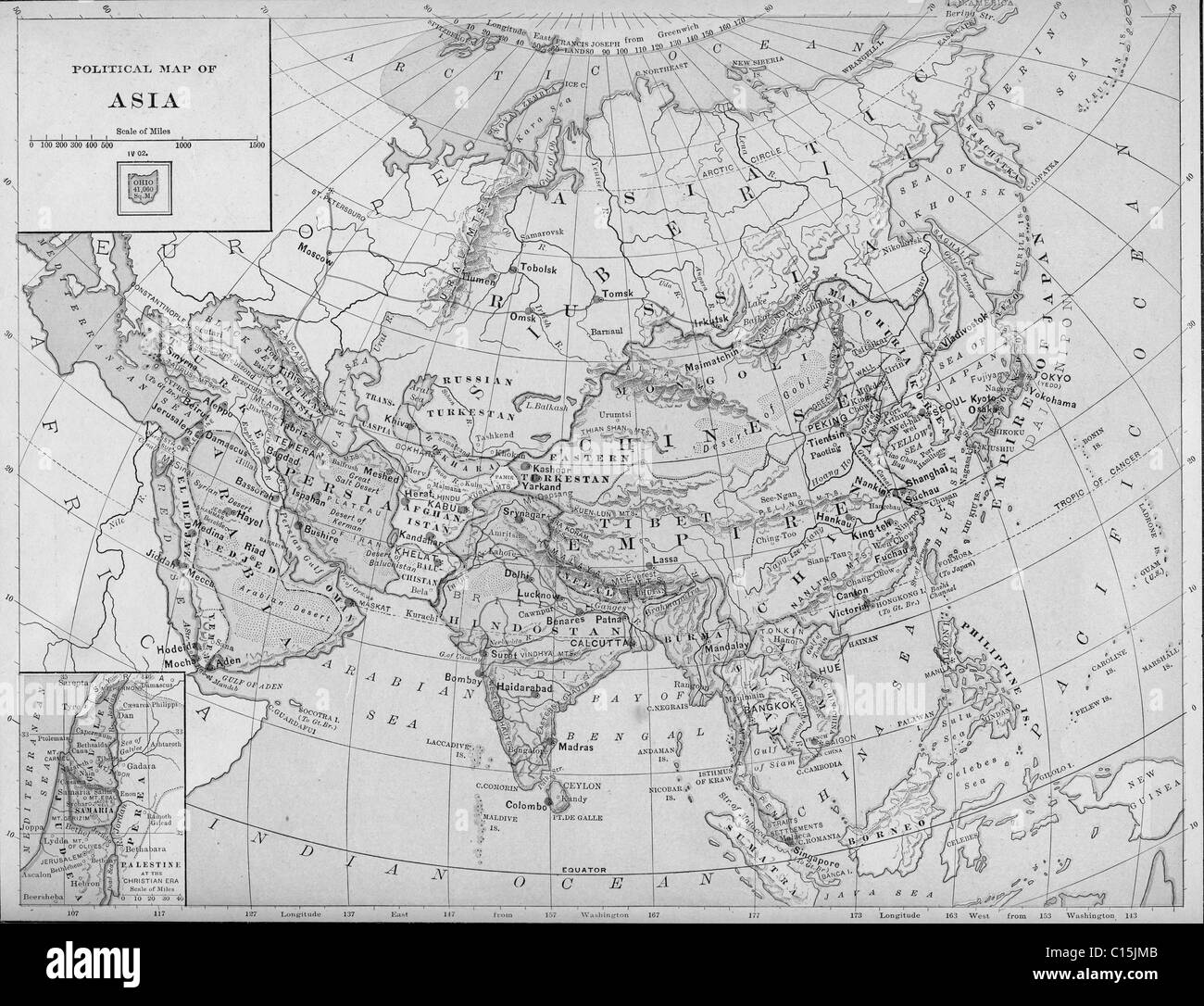 Old map of Asia from original geography textbook, 1903 Stock Photo