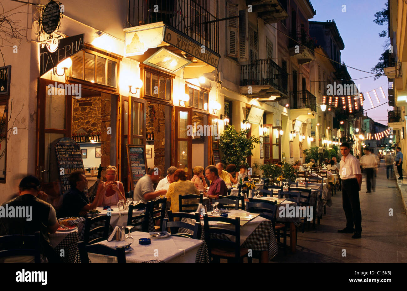 Taverns, Nafplion, Peloponnese, Peloponesus, Greece Stock Photo